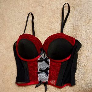 Body Rage - Black Cropped Corset Top with Red and White Lace (Size: Large)